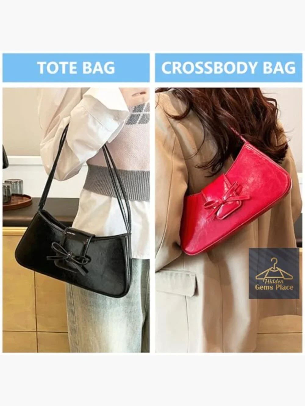 Patent Leather Hobo Shoulder Bag Y2K Bow Purse Clutch Crossbody